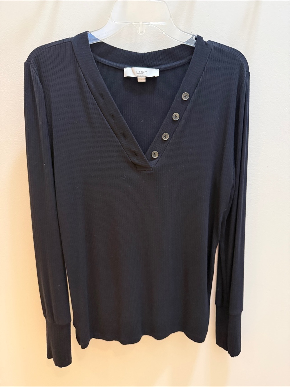 LOFT Black Ribbed V-Neck Long Sleeve Top with Side Buttons